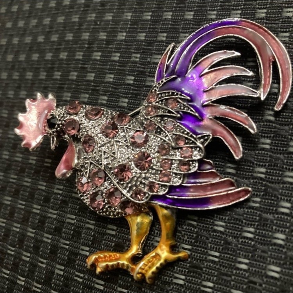Colorful Rooster Brooch with Rhinestones